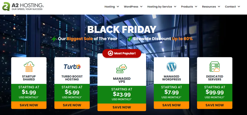 A2 Hosting Black Friday homepage featuring Black Friday deals.
