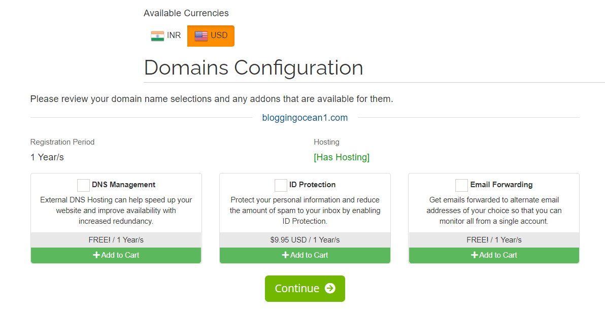 Page for selecting domain-related add-ons on A2 Hosting.