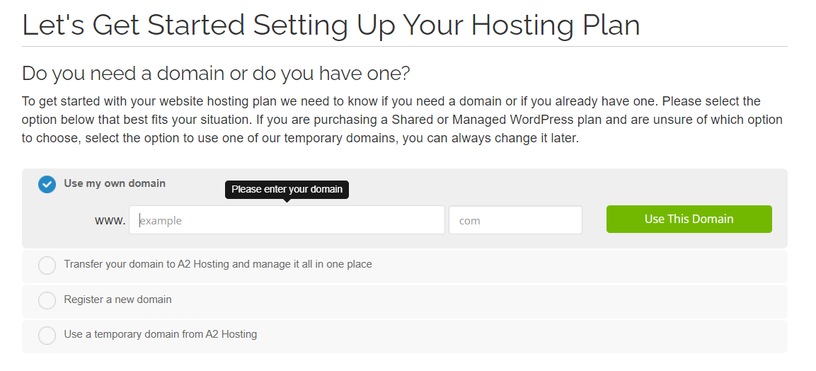 Domain name selection page on A2 Hosting's website.